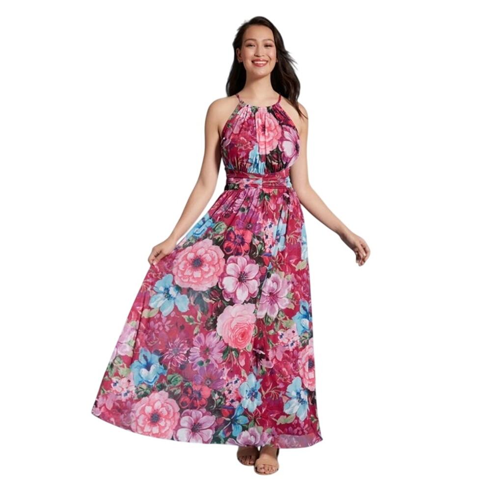 London Times Floral Halter Ruched Maxi Dress Size 6 Wedding Guest  Garden Party